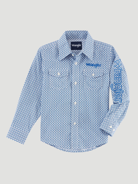 Wrangler 112314857 Boys Logo Long Sleeve Western Shirt White Puff front view. If you need any assistance with this item or the purchase of this item please call us at five six one seven four eight eight eight zero one Monday through Saturday 10:00a.m EST to 8:00 p.m EST