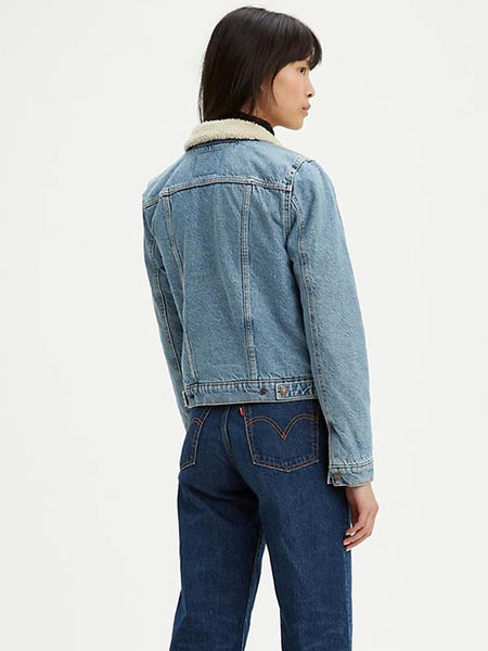 Levis 361360000 Womens Original Trucker Denim Jacket Divided Blue back view. If you need any assistance with this item or the purchase of this item please call us at five six one seven four eight eight eight zero one Monday through Saturday 10:00a.m EST to 8:00 p.m EST