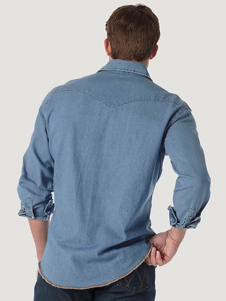 Wrangler 70127SW Mens Cowboy Cut Long Sleeve Western Denim Work Shirt Stonewash back view. If you need any assistance with this item or the purchase of this item please call us at five six one seven four eight eight eight zero one Monday through Saturday 10:00a.m EST to 8:00 p.m EST