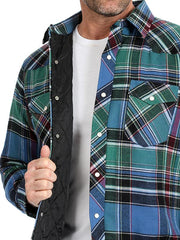 Wrangler 75108AA Mens Assorted Long Sleeve Quilted Lining Flannel Shirt on model. If you need any assistance with this item or the purchase of this item please call us at five six one seven four eight eight eight zero one Monday through Saturday 10:00a.m EST to 8:00 p.m EST