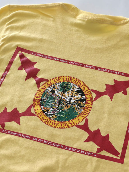 JC Western 7PC61SS Mens Florida Snook Short Sleeve Tees Daffodil Yellow Back closeup. If you need any assistance with this item or the purchase of this item please call us at five six one seven four eight eight eight zero one Monday through Saturday 10:00a.m EST to 8:00 p.m EST