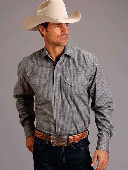 Stetson 11-001-0425-6063 Mens Long Sleeve Horseshoe Stripe Shirt Grey front view. If you need any assistance with this item or the purchase of this item please call us at five six one seven four eight eight eight zero one Monday through Saturday 10:00a.m EST to 8:00 p.m EST