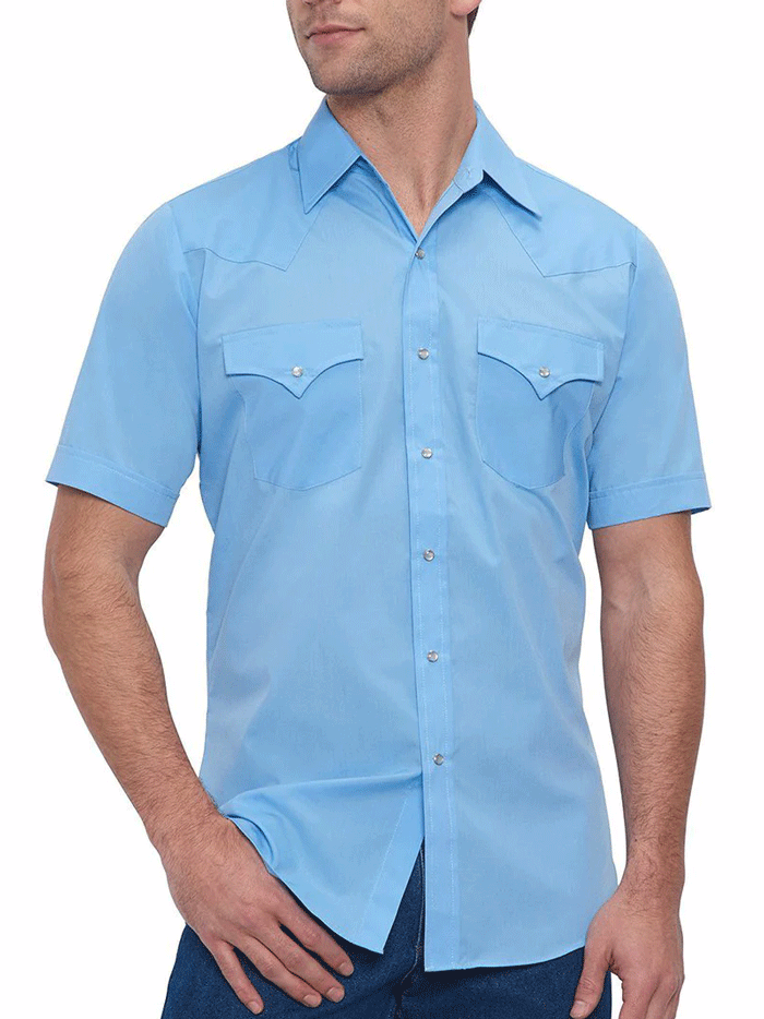 Ely Cattleman 15201605-82 Mens Short Sleeve Solid Western Shirt Light Blue front view tucked in. If you need any assistance with this item or the purchase of this item please call us at five six one seven four eight eight eight zero one Monday through Saturday 10:00a.m EST to 8:00 p.m EST