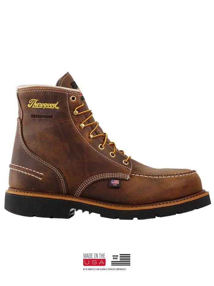 Thorogood 804-3696 Mens Waterproof Moc Toe Boot Crazyhorse Brown pair side view. If you need any assistance with this item or the purchase of this item please call us at five six one seven four eight eight eight zero one Monday through Saturday 10:00a.m EST to 8:00 p.m EST
