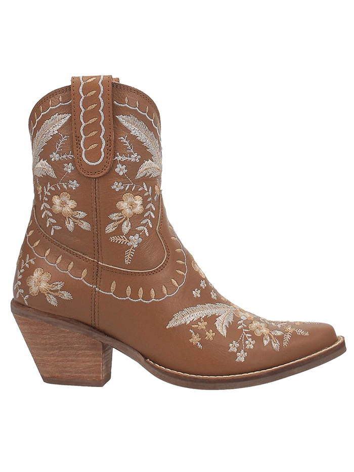 Dingo DI748 Womens Primrose Ankle Western Bootie Brown front-side view. If you need any assistance with this item or the purchase of this item please call us at five six one seven four eight eight eight zero one Monday through Saturday 10:00a.m EST to 8:00 p.m EST