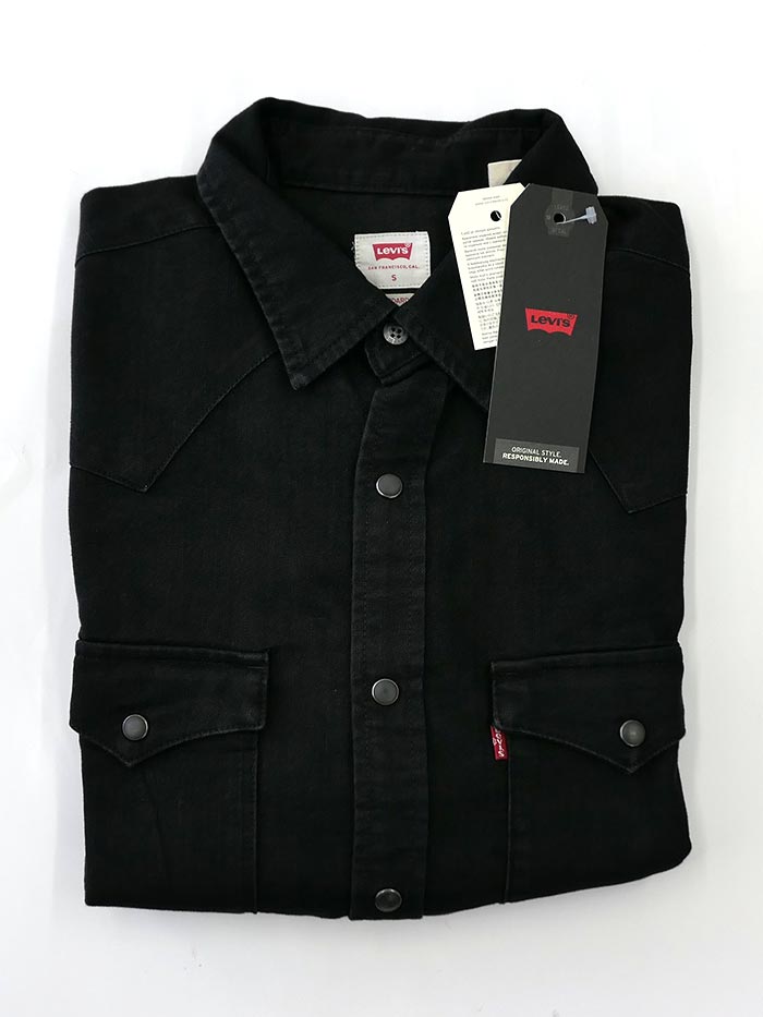 Levi's 85745-0000 Mens Barstow Classic Western Denim Snap Shirt Black Front View. If you need any assistance with this item or the purchase of this item please call us at five six one seven four eight eight eight zero one Monday through Saturday 10:00a.m EST to 8:00 p.m EST