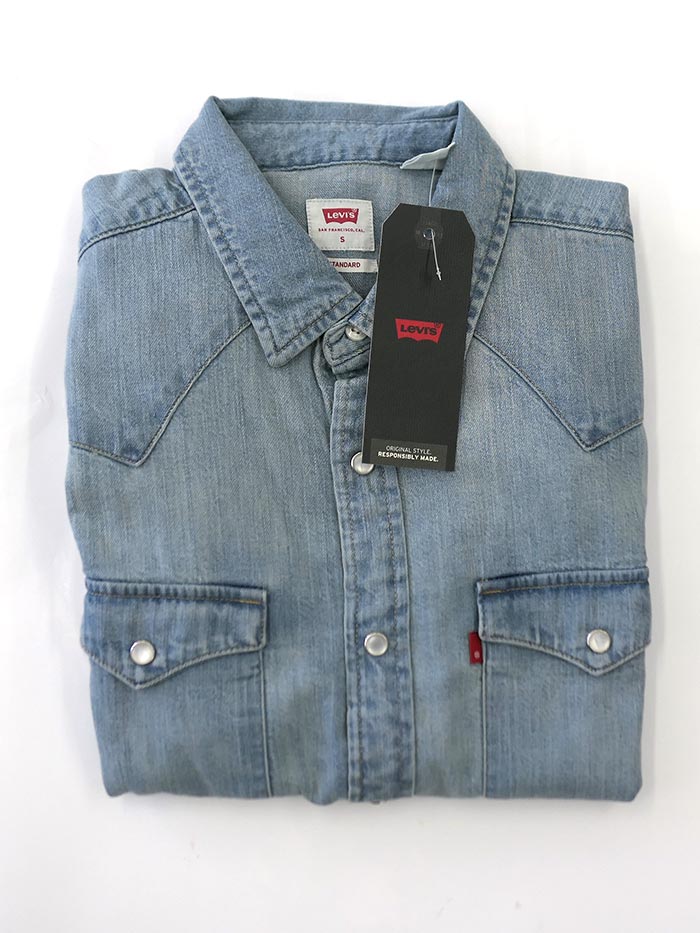 Levi's 85745-0003 Mens Barstow Classic Western Denim Snap Shirt Stone Wash Front view 857450003 Front View