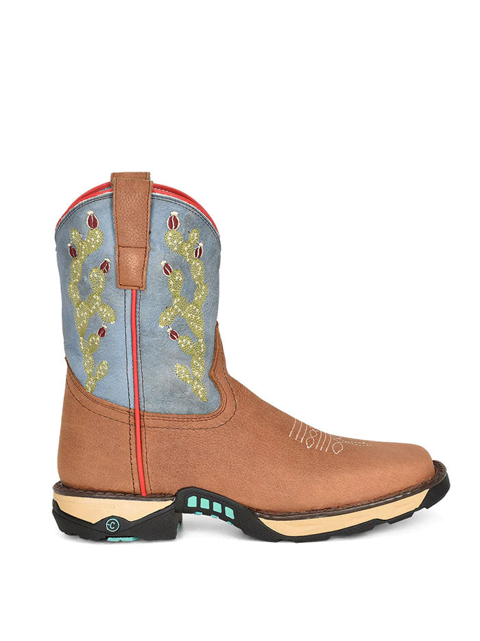 Corral W5003 Ladies Hydro Resist Boot Tan & Blue side and front view. If you need any assistance with this item or the purchase of this item please call us at five six one seven four eight eight eight zero one Monday through Saturday 10:00a.m EST to 8:00 p.m EST