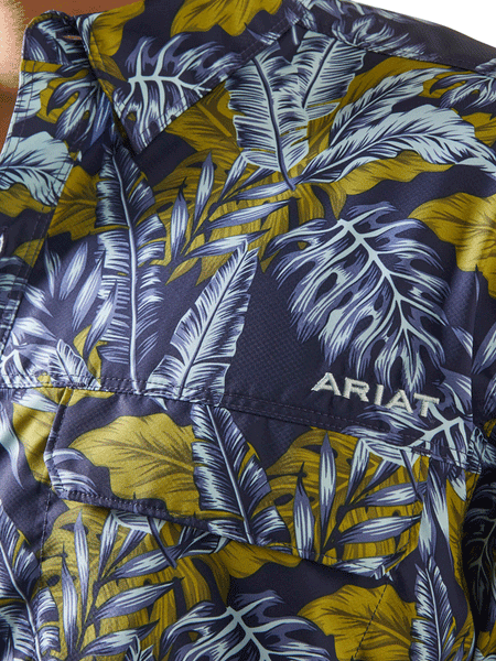 Ariat 10043427 Mens VentTEK Outbound Fitted Shirt Midsummer Night front close up.If you need any assistance with this item or the purchase of this item please call us at five six one seven four eight eight eight zero one Monday through Saturday 10:00a.m EST to 8:00 p.m EST