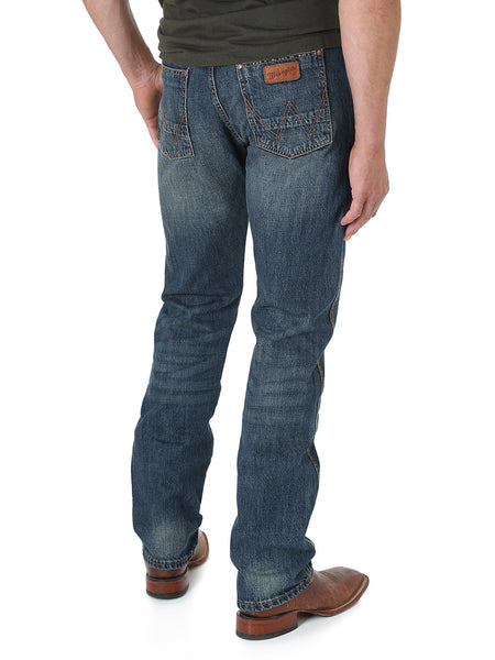 Wrangler 88MWZDK Mens Retro Jean Slim Straight Dark Knight back view. If you need any assistance with this item or the purchase of this item please call us at five six one seven four eight eight eight zero one Monday through Saturday 10:00a.m EST to 8:00 p.m EST
