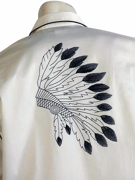 Rockmount 6874 Mens Gabardine Warbonnet Embroidery Western Shirt Ivory back embroidery detail. If you need any assistance with this item or the purchase of this item please call us at five six one seven four eight eight eight zero one Monday through Saturday 10:00a.m EST to 8:00 p.m EST