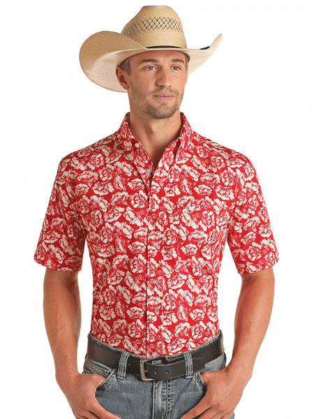 Panhandle 37D3176 Mens Floral Short Sleeve Button Shirts Scarlet Red front view