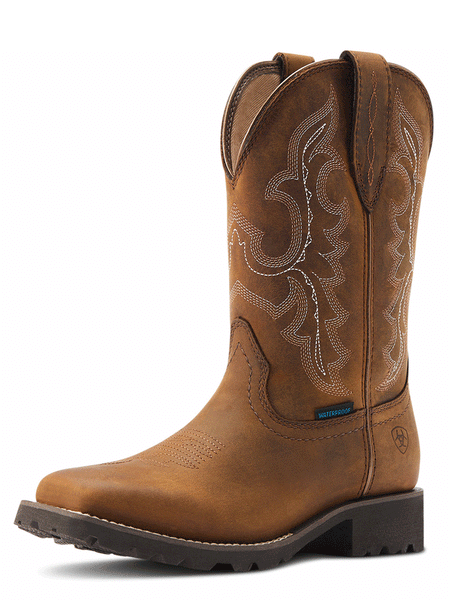 Ariat 10044437 Womens Unbridled Rancher H2O Oily Distressed Tan outter side and front view. If you need any assistance with this item or the purchase of this item please call us at five six one seven four eight eight eight zero one Monday through Saturday 10:00a.m EST to 8:00 p.m EST