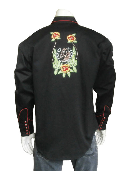 Rockmount 6809 Mens Vintage Horsehead & Floral Embroidered Western Shirt Black back view. If you need any assistance with this item or the purchase of this item please call us at five six one seven four eight eight eight zero one Monday through Saturday 10:00a.m EST to 8:00 p.m EST