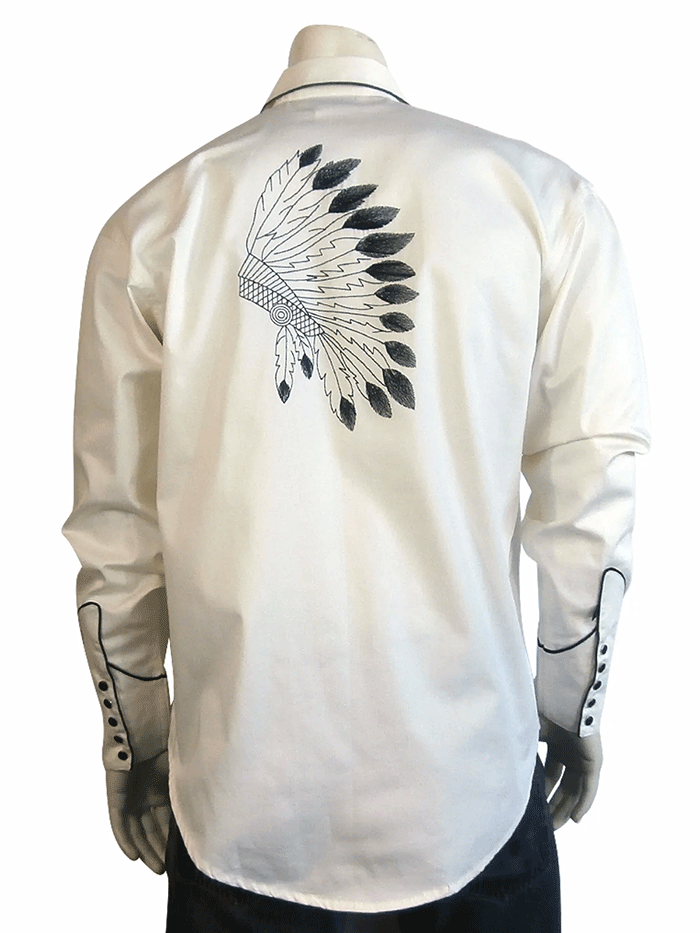 Rockmount 6874 Mens Gabardine Warbonnet Embroidery Western Shirt Ivory front view. If you need any assistance with this item or the purchase of this item please call us at five six one seven four eight eight eight zero one Monday through Saturday 10:00a.m EST to 8:00 p.m EST