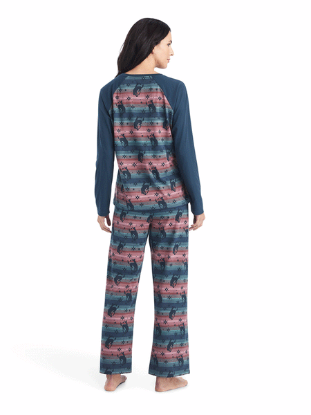 Ariat 10042606 Womens Long Sleeve Pajama Set Bucking Serape Blue  back view. If you need any assistance with this item or the purchase of this item please call us at five six one seven four eight eight eight zero one Monday through Saturday 10:00a.m EST to 8:00 p.m EST