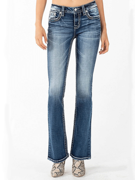 Miss Me M3444B55 Womens Aztec Bootcut Jeans Dark Blue front view. If you need any assistance with this item or the purchase of this item please call us at five six one seven four eight eight eight zero one Monday through Saturday 10:00a.m EST to 8:00 p.m EST