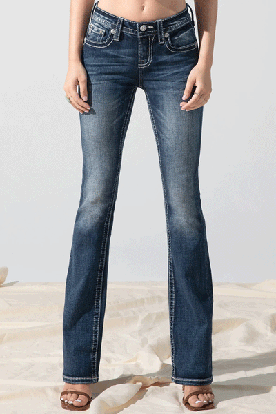 Miss Me M3914B Womens All Night Longhorn Bootcut Jeans Dark Blue front view. If you need any assistance with this item or the purchase of this item please call us at five six one seven four eight eight eight zero one Monday through Saturday 10:00a.m EST to 8:00 p.m EST