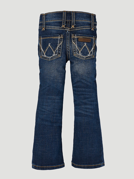 Wrangler 09MWGMS Girls Premium Patch Boot Cut Jean Medium Blue back view. If you need any assistance with this item or the purchase of this item please call us at five six one seven four eight eight eight zero one Monday through Saturday 10:00a.m EST to 8:00 p.m EST