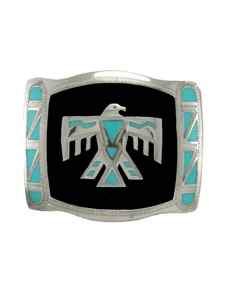 Colorado Silver Star 6604-BLB Silver Rectangular Thunderbird Buckle Black And Teal front view. If you need any assistance with this item or the purchase of this item please call us at five six one seven four eight eight eight zero one Monday through Saturday 10:00a.m EST to 8:00 p.m EST