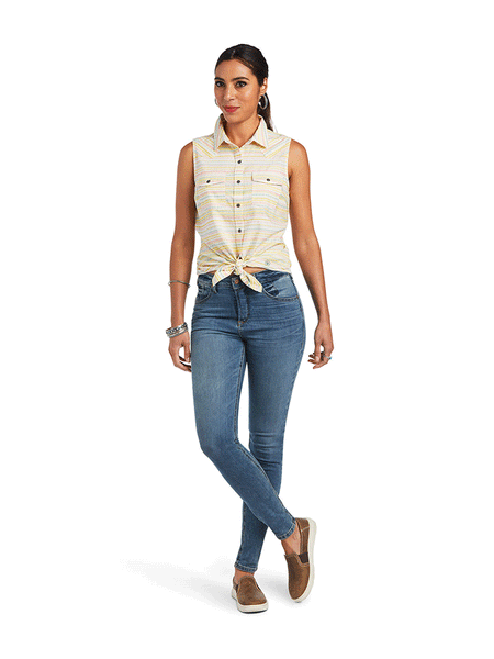 Ariat 10040509 Womens Sleeveless Jasmine Shirt Yarn Dye Jacquard Stripe alternate front view. If you need any assistance with this item or the purchase of this item please call us at five six one seven four eight eight eight zero one Monday through Saturday 10:00a.m EST to 8:00 p.m EST