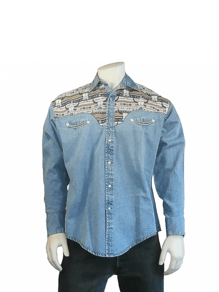 Rockmount 6721-D Mens Vintage 2-Tone Steer Skull Embroidery Western Shirt Denim front view. If you need any assistance with this item or the purchase of this item please call us at five six one seven four eight eight eight zero one Monday through Saturday 10:00a.m EST to 8:00 p.m EST