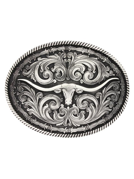 Montana Silversmiths A550S Rope and Barbed Wire Longhorn Attitude Buckle Silver front view. If you need any assistance with this item or the purchase of this item please call us at five six one seven four eight eight eight zero one Monday through Saturday 10:00a.m EST to 8:00 p.m EST