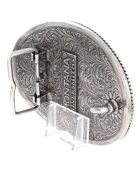 Montana Silversmiths A550S Rope and Barbed Wire Longhorn Attitude Buckle Silver back view. If you need any assistance with this item or the purchase of this item please call us at five six one seven four eight eight eight zero one Monday through Saturday 10:00a.m EST to 8:00 p.m EST