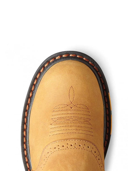 Ariat 10007836 Kids Workhog Western Work Boots Aged Bark toe view from above. If you need any assistance with this item or the purchase of this item please call us at five six one seven four eight eight eight zero one Monday through Saturday 10:00a.m EST to 8:00 p.m EST