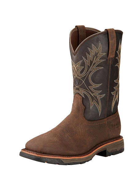 Ariat 10017436 Mens WorkHog Wide Square Waterproof Boot Bruin Brown front and side view. If you need any assistance with this item or the purchase of this item please call us at five six one seven four eight eight eight zero one Monday through Saturday 10:00a.m EST to 8:00 p.m EST