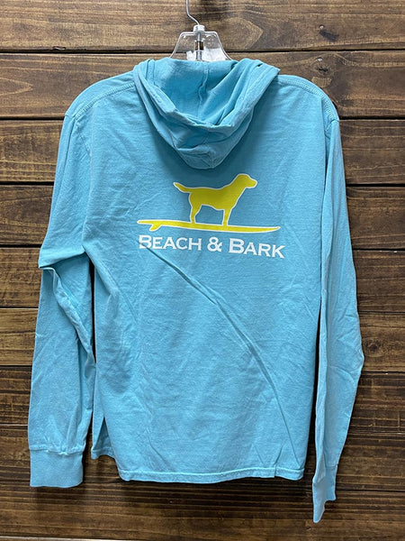 Beach and Barn BARK-CARIBBEAN Mens Surfing Dog Hooded Tee Caribbean back view hanging. If you need any assistance with this item or the purchase of this item please call us at five six one seven four eight eight eight zero one Monday through Saturday 10:00a.m EST to 8:00 p.m EST