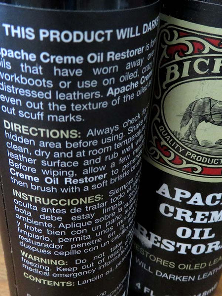 Bickmore BIC10FPR111 Apache Cream Restores Oiled Leather close up of back view of bottle. If you need any assistance with this item or the purchase of this item please call us at five six one seven four eight eight eight zero one Monday through Saturday 10:00a.m EST to 8:00 p.m EST