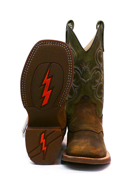 Old West BSC1915 BSY1915 Kids Square Toe Western Boot Olive Green sole and front view. If you need any assistance with this item or the purchase of this item please call us at five six one seven four eight eight eight zero one Monday through Saturday 10:00a.m EST to 8:00 p.m EST