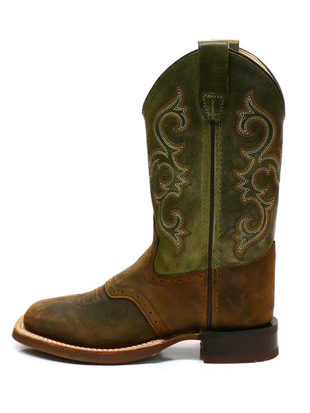 Old West BSC1915 BSY1915 Kids Square Toe Western Boot Olive Green side. If you need any assistance with this item or the purchase of this item please call us at five six one seven four eight eight eight zero one Monday through Saturday 10:00a.m EST to 8:00 p.m EST