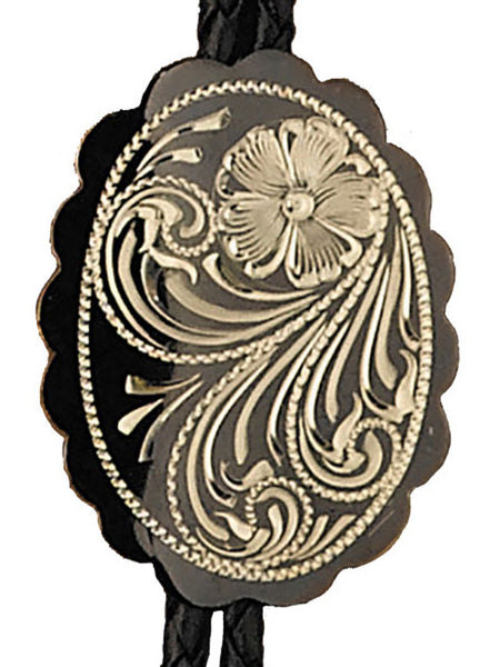 Western Express BT-205 Floral Engraving On Scalloped Oval German Bolo Tie Silver close up. If you need any assistance with this item or the purchase of this item please call us at five six one seven four eight eight eight zero one Monday through Saturday 10:00a.m EST to 8:00 p.m EST