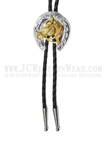 Western Express BT-530 Horseshoe And Horse Head Bolo Tie Silver And Gold front view. If you need any assistance with this item or the purchase of this item please call us at five six one seven four eight eight eight zero one Monday through Saturday 10:00a.m EST to 8:00 p.m EST
