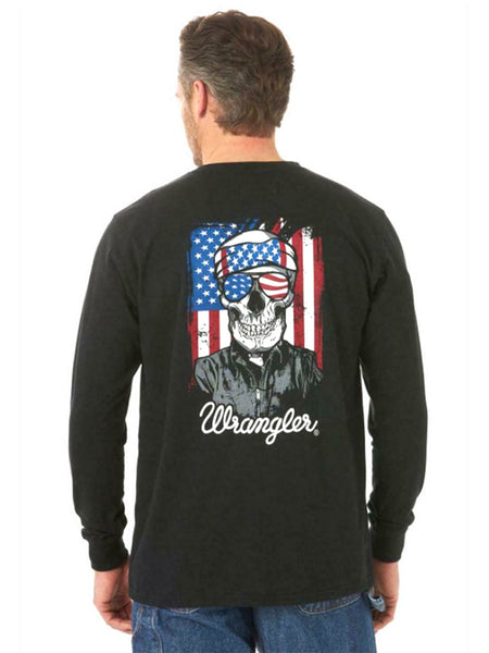 Wrangler FR194AX Mens FR Skull Flag Graphic Long Sleeve Work Shirt Black back view. If you need any assistance with this item or the purchase of this item please call us at five six one seven four eight eight eight zero one Monday through Saturday 10:00a.m EST to 8:00 p.m EST