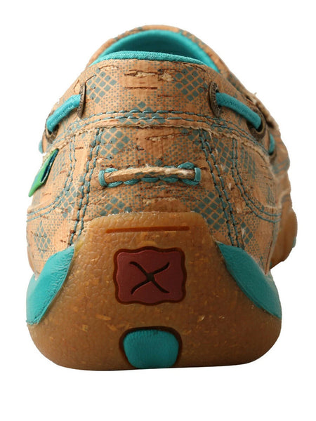 Twisted X WDMS022 Women Slip On Driving Moccasin Tan and Turquoise Back View. If you need any assistance with this item or the purchase of this item please call us at five six one seven four eight eight eight zero one Monday through Saturday 10:00a.m EST to 8:00 p.m EST