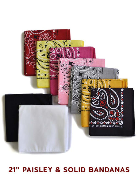 Assorted Bandanas 21" & 27" in various colors solid and paisley