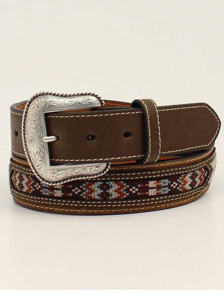 Nocona N210003502 Mens Southwest Pattern Inlay Round Concho Belt Brown front view. If you need any assistance with this item or the purchase of this item please call us at five six one seven four eight eight eight zero one Monday through Saturday 10:00a.m EST to 8:00 p.m EST