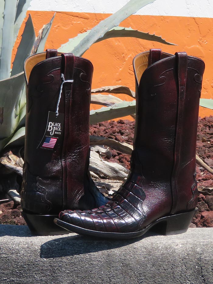Black Jack 7126 Mens Alligator Tail Western Boots Black Cherry front and inner side view. If you need any assistance with this item or the purchase of this item please call us at five six one seven four eight eight eight zero one Monday through Saturday 10:00a.m EST to 8:00 p.m EST