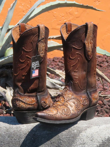 Black Jack HT-312 54 Mens Hand-Tooled Western Boots Antique Tan Brown front and back view of pair. If you need any assistance with this item or the purchase of this item please call us at five six one seven four eight eight eight zero one Monday through Saturday 10:00a.m EST to 8:00 p.m EST