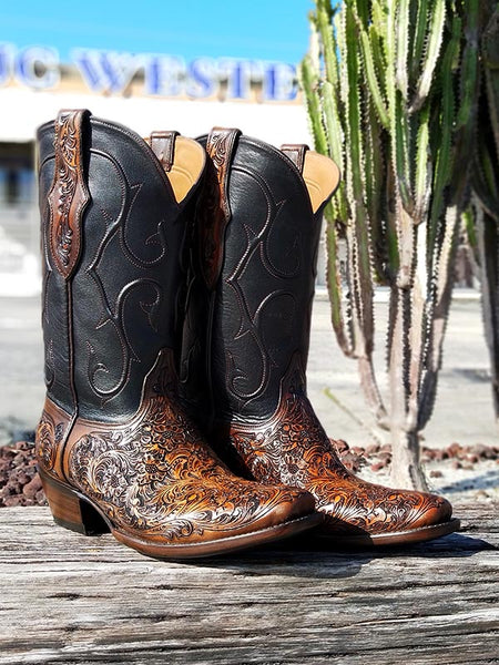 Black Jack MUHT-304 Mens California Hand Tooled Western Boots Mahogany side / front view. If you need any assistance with this item or the purchase of this item please call us at five six one seven four eight eight eight zero one Monday through Saturday 10:00a.m EST to 8:00 p.m EST