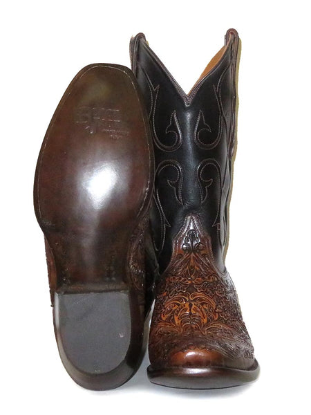 Black Jack MUHT-304 Mens California Hand Tooled Western Boots Mahogany sole and front view. If you need any assistance with this item or the purchase of this item please call us at five six one seven four eight eight eight zero one Monday through Saturday 10:00a.m EST to 8:00 p.m EST