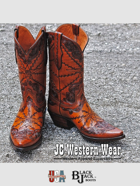 Black Jack HT-103-54 Mens Handtooled Longhorn Boots Cognac pair front view. If you need any assistance with this item or the purchase of this item please call us at five six one seven four eight eight eight zero one Monday through Saturday 10:00a.m EST to 8:00 p.m EST
