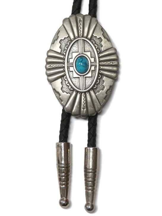 Double S 22114 Southwestern Oval Concho Turquoise Stone Bolo Tie Silver front view. If you need any assistance with this item or the purchase of this item please call us at five six one seven four eight eight eight zero one Monday through Saturday 10:00a.m EST to 8:00 p.m EST