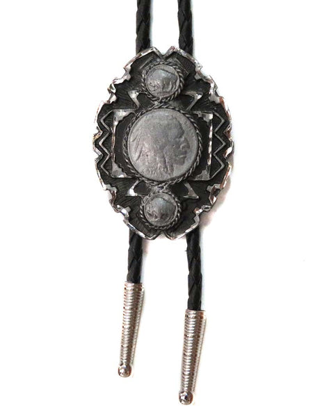 Western Express BT-132 Native American Head Coin Bolo Tie Grey front view. If you need any assistance with this item or the purchase of this item please call us at five six one seven four eight eight eight zero one Monday through Saturday 10:00a.m EST to 8:00 p.m EST