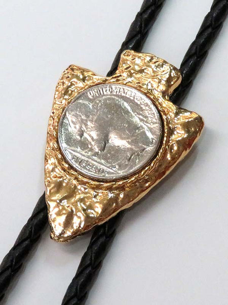 Western Express BT-25 Buffalo Coin In Arrowhead Bolo Tie Gold close up. If you need any assistance with this item or the purchase of this item please call us at five six one seven four eight eight eight zero one Monday through Saturday 10:00a.m EST to 8:00 p.m EST