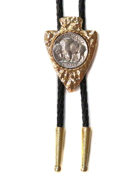 Western Express BT-25 Buffalo Coin In Arrowhead Bolo Tie Gold front view. If you need any assistance with this item or the purchase of this item please call us at five six one seven four eight eight eight zero one Monday through Saturday 10:00a.m EST to 8:00 p.m EST