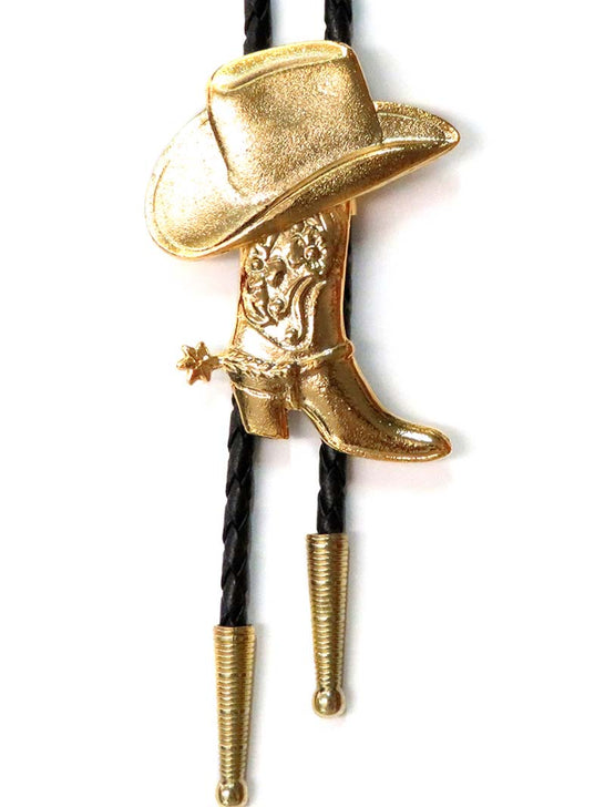 Western Express BT-972-G Boot & Hat Bolo Tie Gold front view. If you need any assistance with this item or the purchase of this item please call us at five six one seven four eight eight eight zero one Monday through Saturday 10:00a.m EST to 8:00 p.m EST